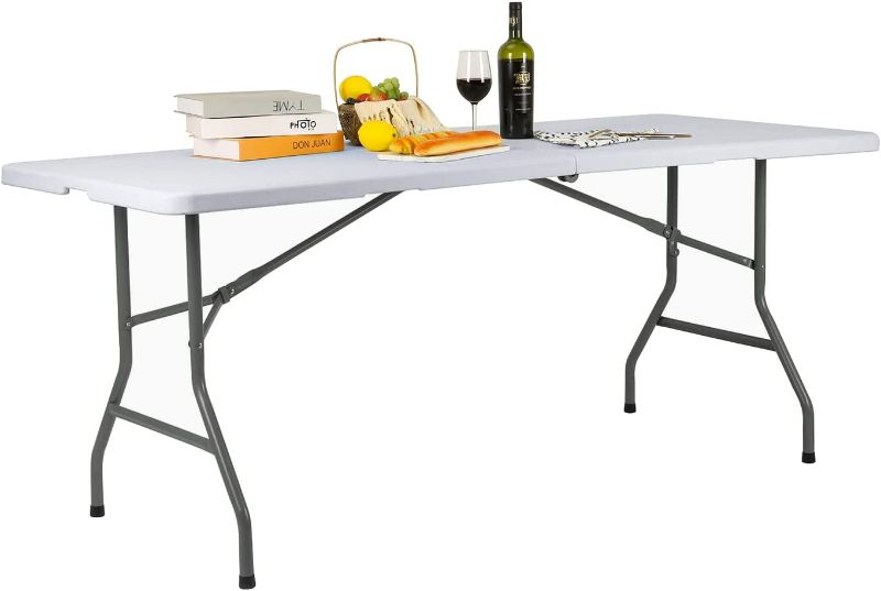 Photo 1 of ANJIONG Folding Table 6ft Portable Heavy Duty Plastic Fold-in-Half Utility Picnic Table Plastic Dining Table Indoor Outdoor for Camping White NEW 
