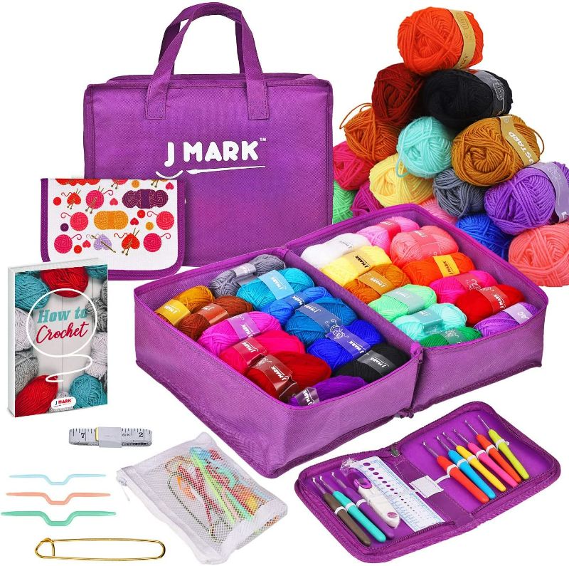 Photo 1 of J MARK Premium Crochet Kit with Yarn Set– 2,640 Yards of Acrylic Crochet Yarn Skeins, Crochet Hooks, Needles, Book, Bags and More – Beginner and Professional Starter Pack Set NEW