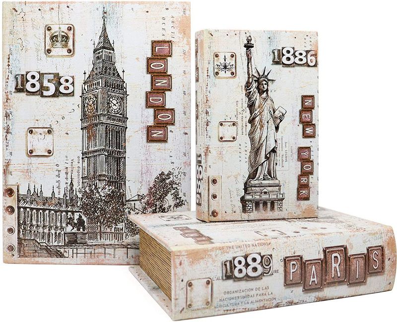 Photo 1 of Jolitac Decorative Book Boxes World Map Pattern Antique Book Invisible box with Magnetic cover, Faux Wood Set of 3 Storage Set (Architecture) NEW