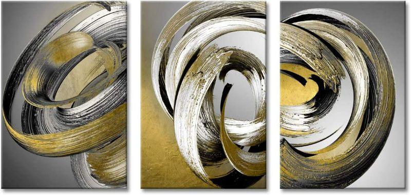 Photo 1 of Gold Abstract Canvas Wall Art 3 Pieces Black and White Modern Print Painting Stroke Artwork NEW