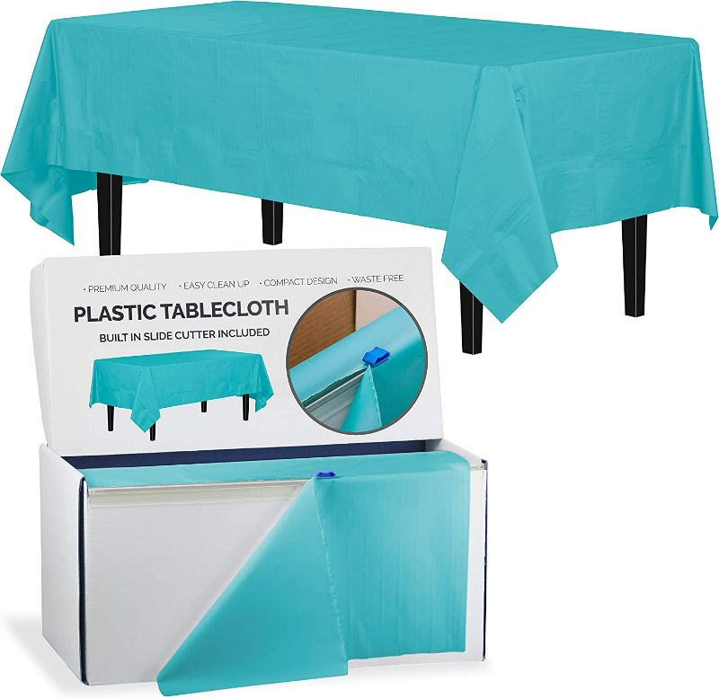 Photo 1 of Exquisite 54 Inch X 300 Feet Light Blue Plastic Table Cover Roll in A Cut - to - Size Box with Convenient Slide Cutter. Cuts Up to  Plastic Disposable Tablecloths NEW