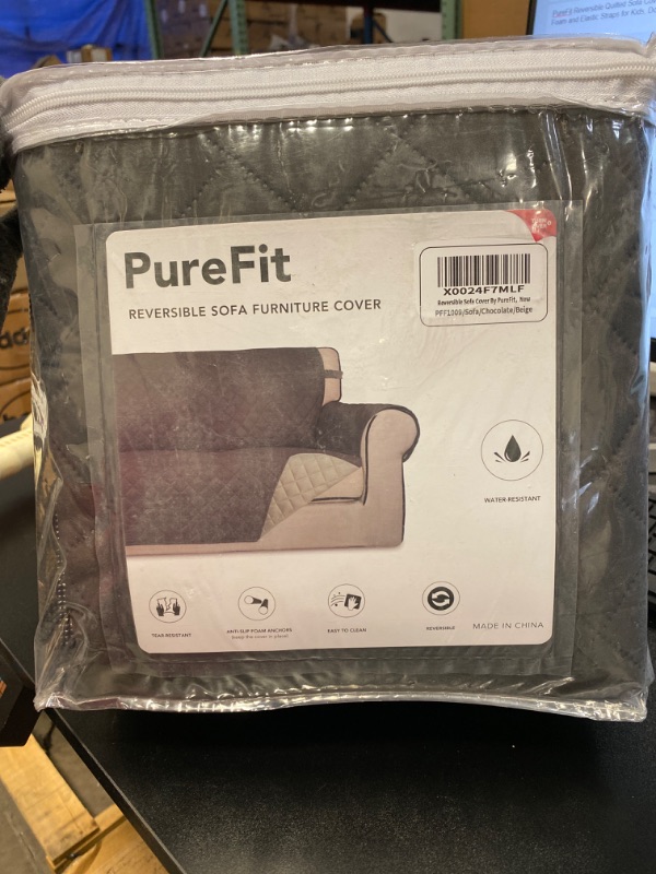 Photo 2 of PureFit Reversible Quilted Sofa Cover, Water Resistant Slipcover Furniture Protector, Washable Couch Cover with Non Slip Foam and Elastic Straps for Kids, Dogs, Pets (UNKNOWN Size Chocolate/Beige) NEW