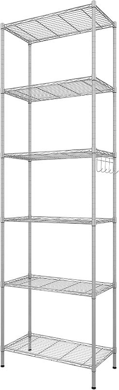 Photo 1 of 6-Tier Storage Shelf Wire Shelving Unit Free Standing Rack Organization with Adjustable Leveling Feet, Stainless Side Hooks, Silver NEW 