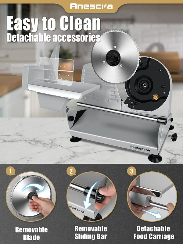 Photo 1 of Anescra Meat Slicer, Electric Deli Food Slicer with Food Carriage,Adjustable Thickness Meat Slicer for Home, Food Slicer Machine Silver