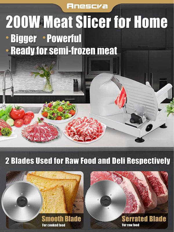 Photo 2 of Anescra Meat Slicer, Electric Deli Food Slicer with Food Carriage,Adjustable Thickness Meat Slicer for Home, Food Slicer Machine Silver