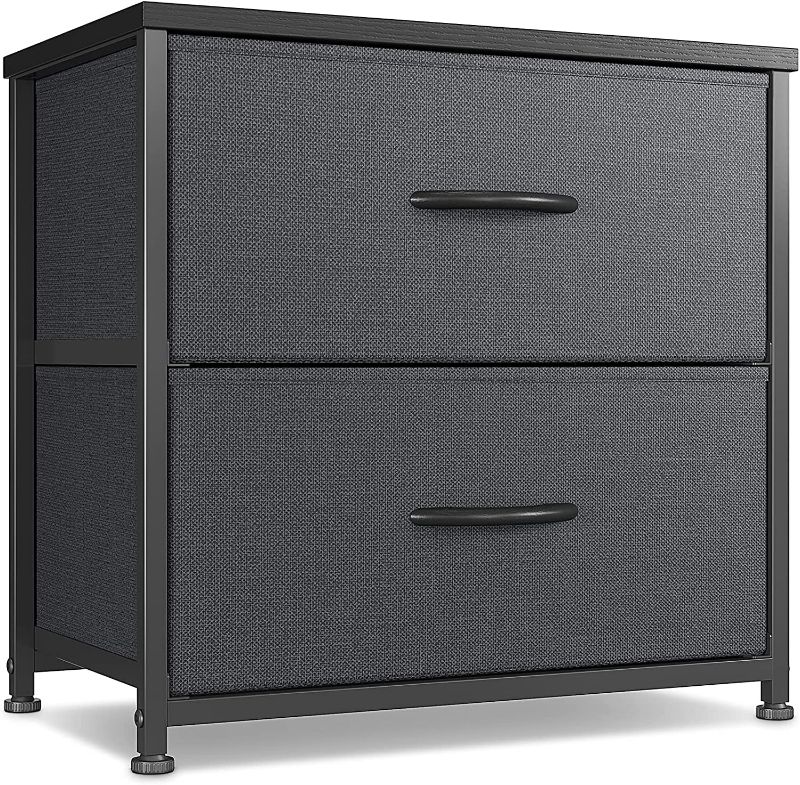 Photo 1 of CubiCubi Dresser Nightstand for Bedroom, Small Kids Bedroom Fabric Tall Dresser 2 Drawer Storage Tower Organizer Unit for Hallway Entryway Closets, Steel Frame Wood Top, Black Grey  NEW 