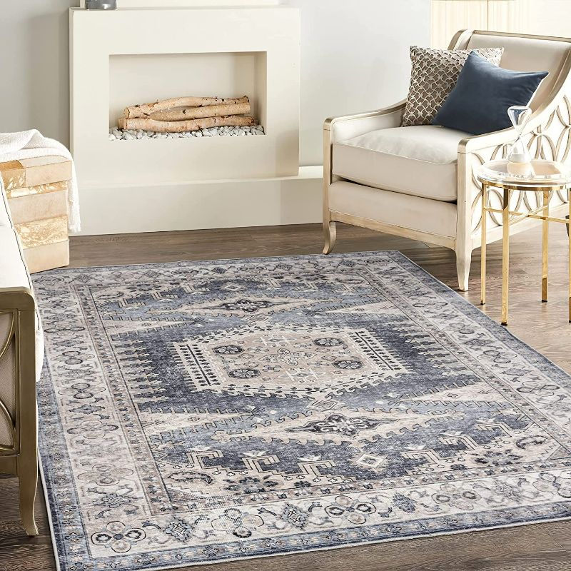 Photo 1 of Valenrug Washable Rug 5x7 - Ultra-Thin Antique Collection Area Rug, Stain Resistant Rugs for Living Room Bedroom, Distressed Persian Boho Rug(Blue, 84x46") 