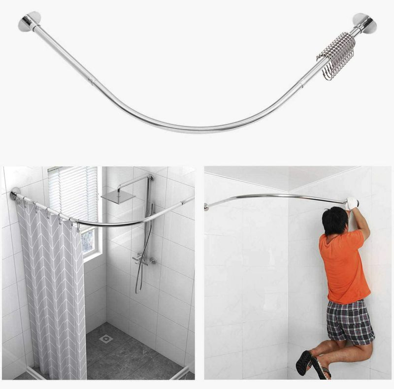 Photo 1 of Tanxih Corner Shower Curtain Rod Adjustable Stainless Steel L Shaped Rack Drill Free Install for Bathroom, Bathtub, Clothing Store NEW