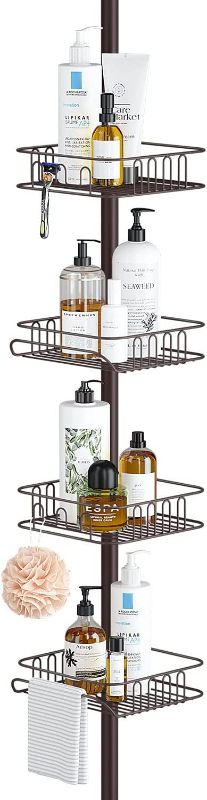 Photo 1 of SEIRIONE Tension Corner Shower Pole Caddy, Rustproof Stainless Steel, 4 Tier Adjustable Baskets for Organizing Hand Soap, Body Wash, 56 to 114 Inch Height, Oil Bronze NEW