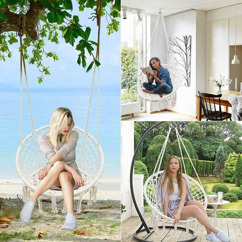 Photo 2 of SURPCOS Hammock Chair Macrame Swing, Upgraded Max 550 Lbs Hanging 100% Cotton Rope Swing Chair with Stainless Steel Hardware Kits, Macrame Swing for Indoor and Outdoor Use (Beige) NEW
