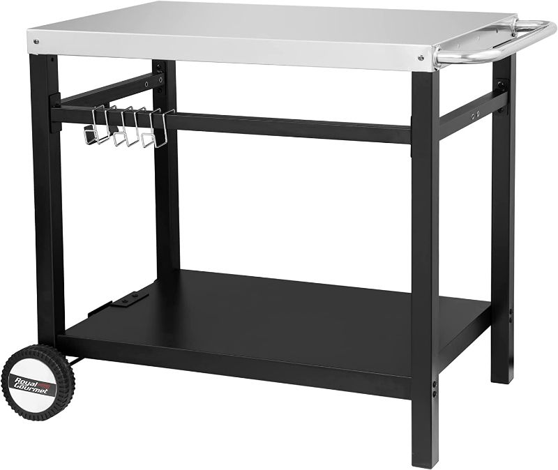 Photo 1 of Royal Gourmet Dining Cart Table with Double-Shelf, Movable Stainless Steel Flattop Worktable, Hooks, Side Handle, Multifunctional and Commercial PC3401S (Silver) NEW