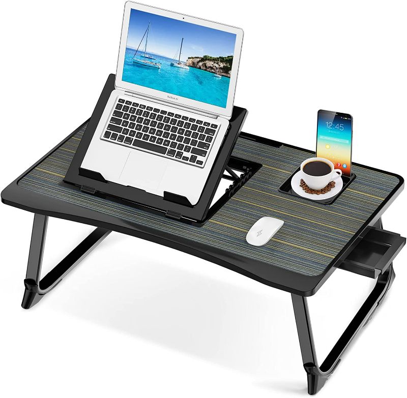Photo 1 of Lap Desk for Adults, Saviki Serving Laptop Bed Tray Breakfast with Folding Legs, MDF Bed Table with Cup Holder, Bed Desk Notebook Stand with Top Storage Drawer, Students Desk/Game Table (Black) NEW