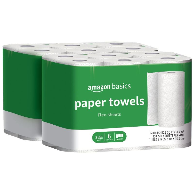 Photo 1 of Amazon Basics 2-Ply Paper Towels, Flex-Sheets, 6 Rolls (Pack of 2), 12 Value Rolls total (Previously Solimo) NEW