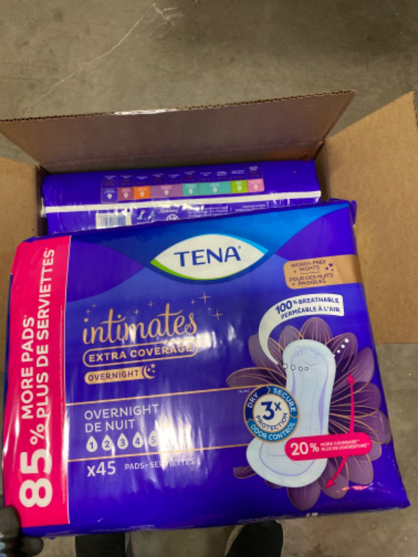 Photo 2 of TENA Incontinence Pads, Bladder Control & Postpartum for Women, Overnight Absorbency, Extra Coverage, Intimates - 90 Count 45 Count (Pack of 2) NEW