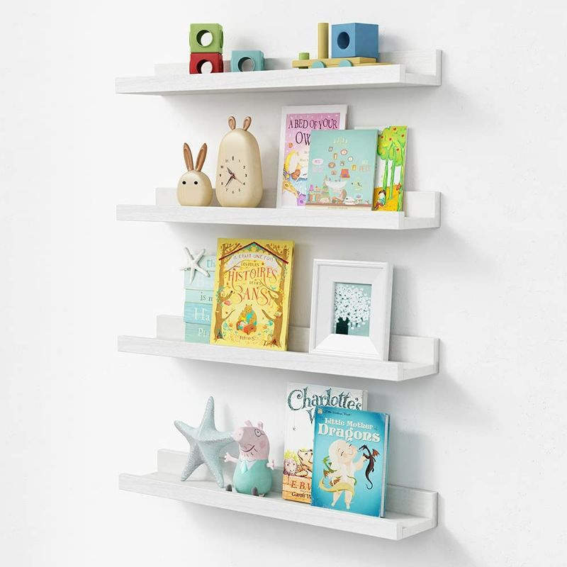 Photo 1 of Forbena Nursery Floating Shelves for Wall,  Nursery Book Shelves Set of 4, Shelf for Bedroom, Bathroom, Living Room, Photo Frames, Office Decor (White) NEW