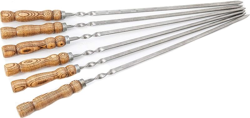 Photo 1 of CKG BBQ 6 PCS Skewers Shashlik Shampur Kebab | Barbecue Meat Mangal Grill Russian | Wooden Handle Camping Outings Cooking Tools 