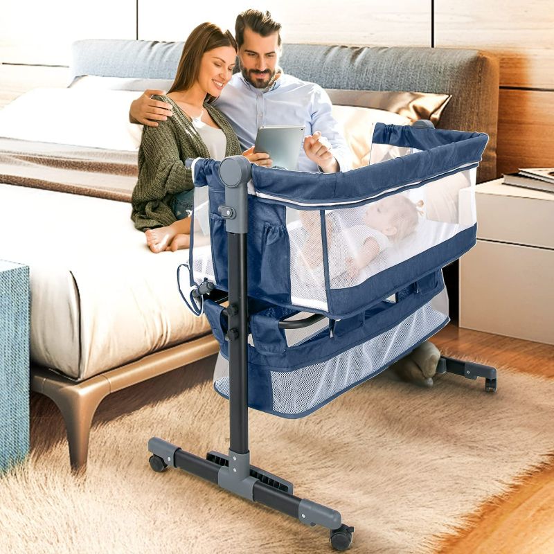 Photo 1 of Ascism Baby Bassinet Bedside Crib (Blue), 3 in 1 Baby Bassinet Bedside Sleeper with Mattress, Diaper Changing Table, Extra Storage, Portable Bassinet Crib for Infant, Mesh Sided Bedside Co Sleeper NEW