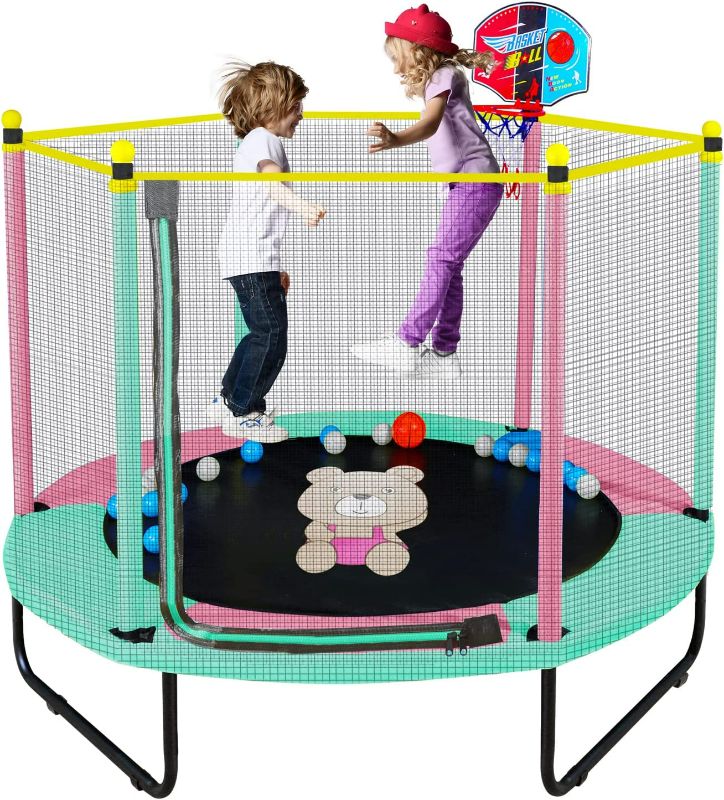 Photo 1 of 60" Trampoline for Kids, 5FT Indoor Outdoor Trampoline with Enclosure Net, Mini Baby Toddler Trampoline with Basketball Hoop, Recreational Trampolines Birthday Gifts for Children. NEW