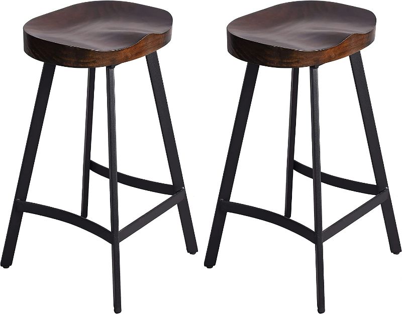 Photo 1 of LOKKHAN Industrial Bar Stool Saddle Seat-26.77 inch Counter Height Kitchen Stool-Metal and Wood Dining Stools-Set of 2,Backless,Stackable,Fully Welded NEW