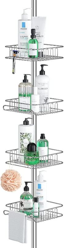 Photo 1 of SEIRIONE Rustproof Shower Corner Caddy Organizer for Bathroom, Freestanding Tension Pole with 4 Baskets, for Bathtub Shampoo Storage, 56 to 114 Inch Height NEW