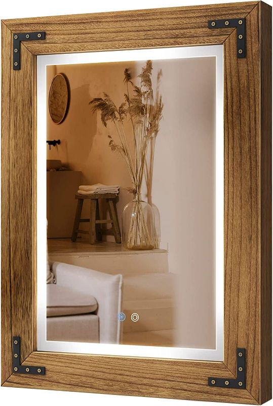 Photo 1 of GREENSTELL Bathroom Mirror with Anti-Fog for Farmhouse Decor, 3-Color LED Light (89x68x9cm) Smart Vanity Mirror, Rustic Wood Framed Wall Mirror, Vertical or Horizontal Hanging, Light Brown NEW