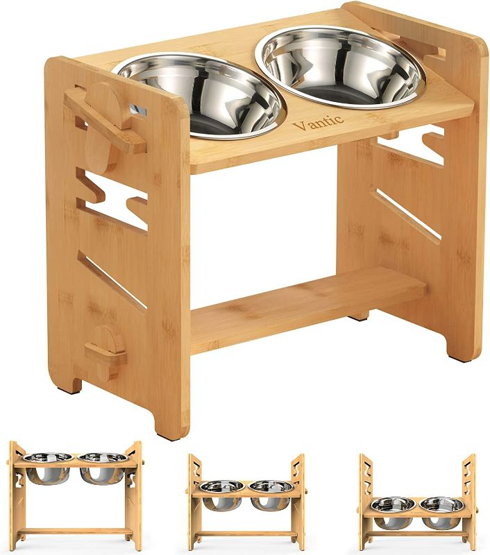 Photo 1 of Vantic Elevated Dog Bowls-Adjustable Raised Dog Bowls for Large Dogs Medium Sized Dogs, Durable Bamboo Dog Bowl Stand with 2 Stainless Steel Bowls and Non-Slip Feet NEW