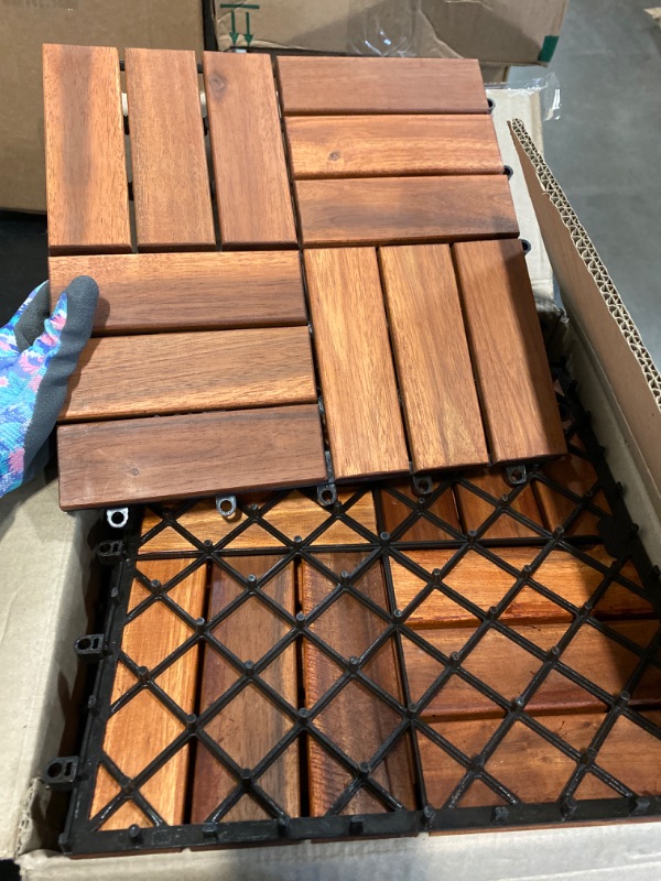 Photo 2 of Interlocking Acacia Wood Deck Tiles,Box of 10 12 in x 12 in Each,Waterproof All Weather,Patio Tiles,Balcony Flooring,Backyard Flooring,Outdoor Shower mat,Portable Dance Floor,12 slats,10Sq ft,Teak 