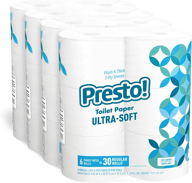 Photo 1 of Amazon Brand - Presto! Mega Roll Toilet Paper, Ultra-Soft, 6 Count (Pack of 4), 24 Family Mega Rolls = 120 regular rolls NEW 