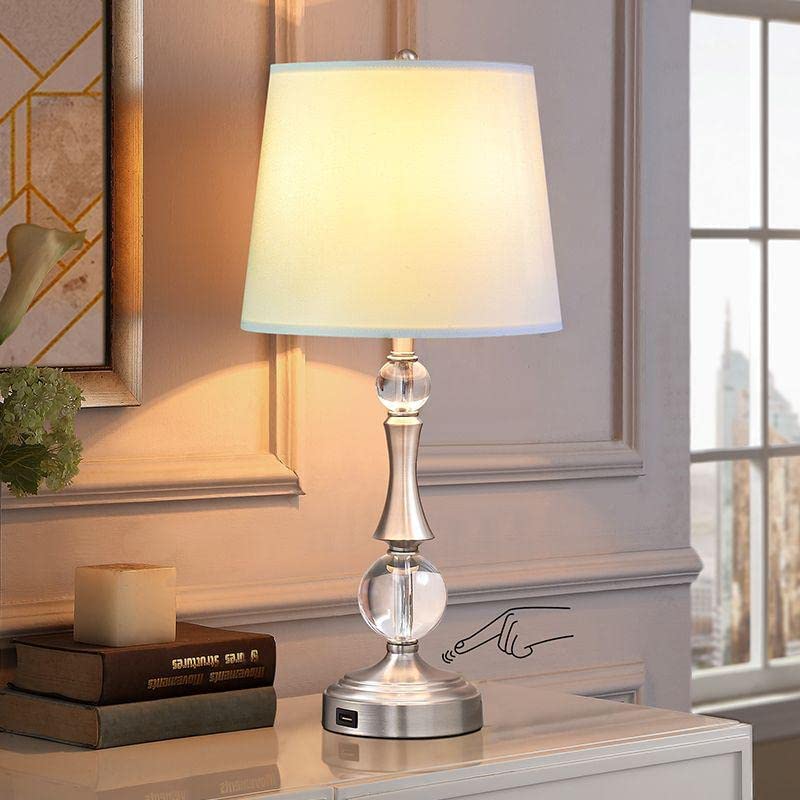 Photo 1 of  Touch Control Modern Crystal Table Lamps, 3-Way Dimmable Bedside Nightstand Lamp with USB Port, White Fabric Shade Lamp for Bedroom Living Room Guest Room, LED Bulbs Included (Gold) NEW