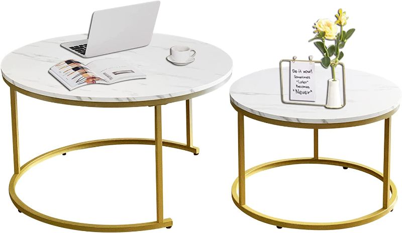 Photo 1 of offee Table Nesting White Set of 2 Side Set Golden Frame Circular and Marble Pattern Wooden Tables, Living Room Bedroom Apartment Modern Industrial Simple Nightstand NEW 