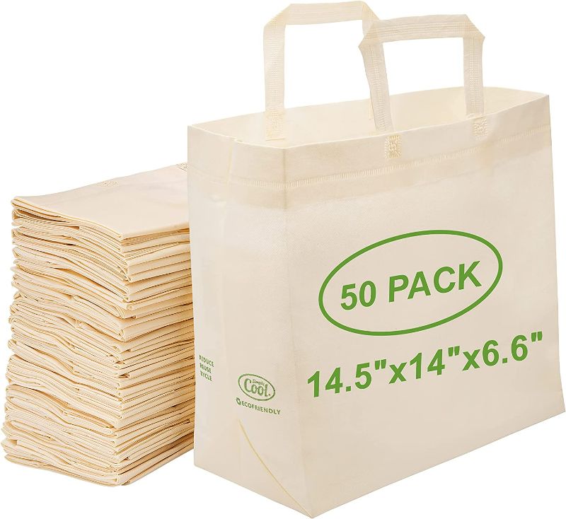 Photo 1 of Simply Cool 50 Pack Reusable Eco-Friendly Grocery Shopping Bags 14.5"x14"x6.6" Durable, Recyclable,Washable, Foldable, Portable Tote Bag (50 Pack Reusable Bags, Cream) New