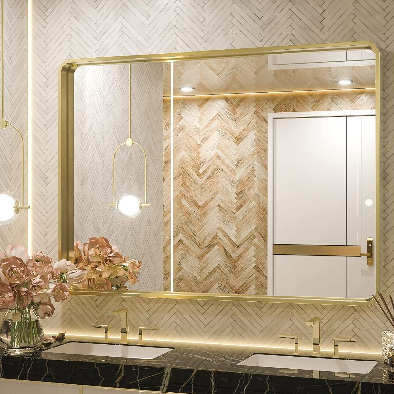 Photo 1 of TETOTE 40x30 Inch Gold Bathroom Mirror, Brushed Brass Metal Frame Mirror for Vanity, Rectangle Wall Mounted Golden Modern Mirror (Horizontal/Vertical) NEW 