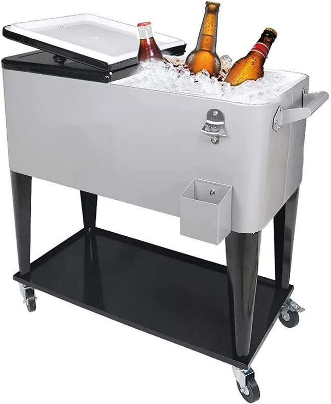 Photo 1 of Nattork 80 Quart Rolling Cooler Cart,Portable Wicker Cooler Trolley for Outdoor Patio Deck Party,Beverage Bar Stand Up Cooler with Wheels, Ice Chest with Shelf, Water Pipe and Bottle Opener NEW 