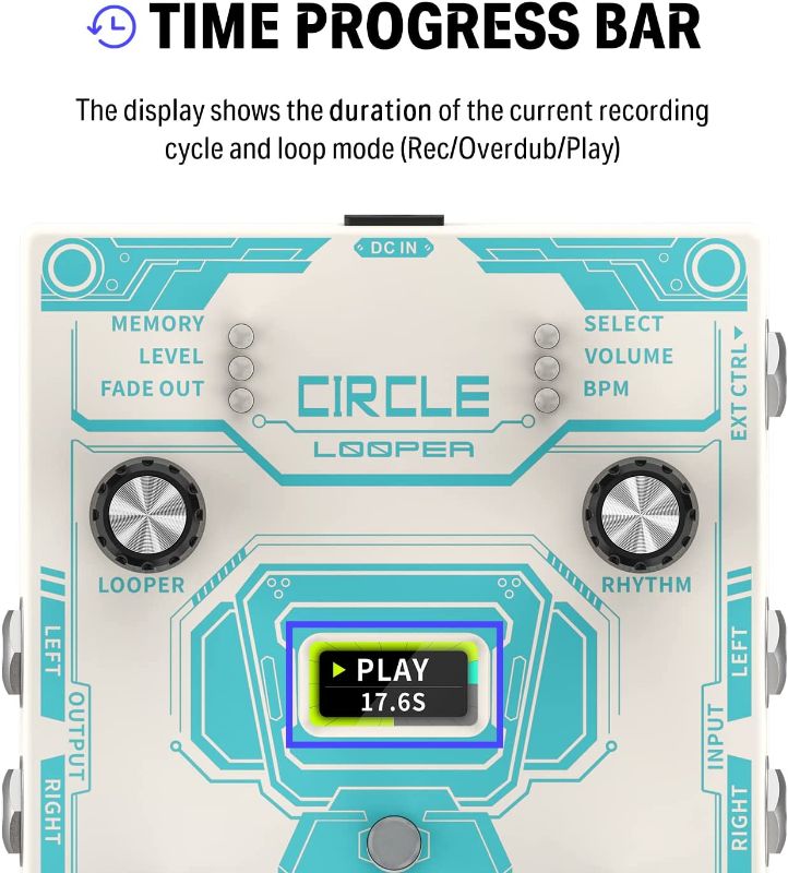 Photo 3 of Donner Circle Looper Pedal, Stereo Guitar Looper Pedal, 40 Slots 160 mins Loop Pedal with Drum Machine 100 Drum Grooves, Tap Tempo, Fade Out