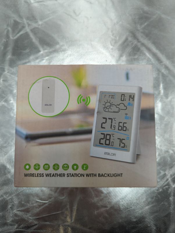 Photo 4 of BALDR Wireless Thermometer Weather Station- Home Wireless Weather Stations for Indoor & Outdoor Uses - with Temperature Monitor, Humidity Gauge, Time & Date Display, White Blacklight LCD (WHITE)