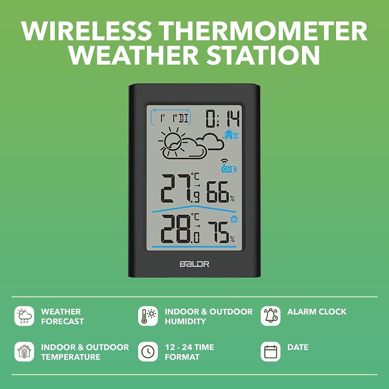 Photo 2 of BALDR Wireless Thermometer Weather Station- Home Wireless Weather Stations for Indoor & Outdoor Uses - with Temperature Monitor, Humidity Gauge, Time & Date Display, White Blacklight LCD (WHITE)