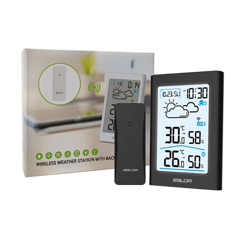 Photo 1 of BALDR Wireless Thermometer Weather Station- Home Wireless Weather Stations for Indoor & Outdoor Uses - with Temperature Monitor, Humidity Gauge, Time & Date Display, White Blacklight LCD (WHITE)