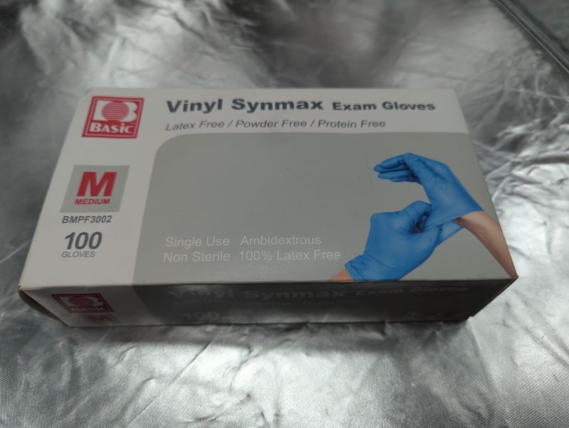 Photo 2 of Synthetic Vinyl Exam Gloves - Latex-Free & Powder-Free - Medium, BMPF-3002(Box of 100) Blue