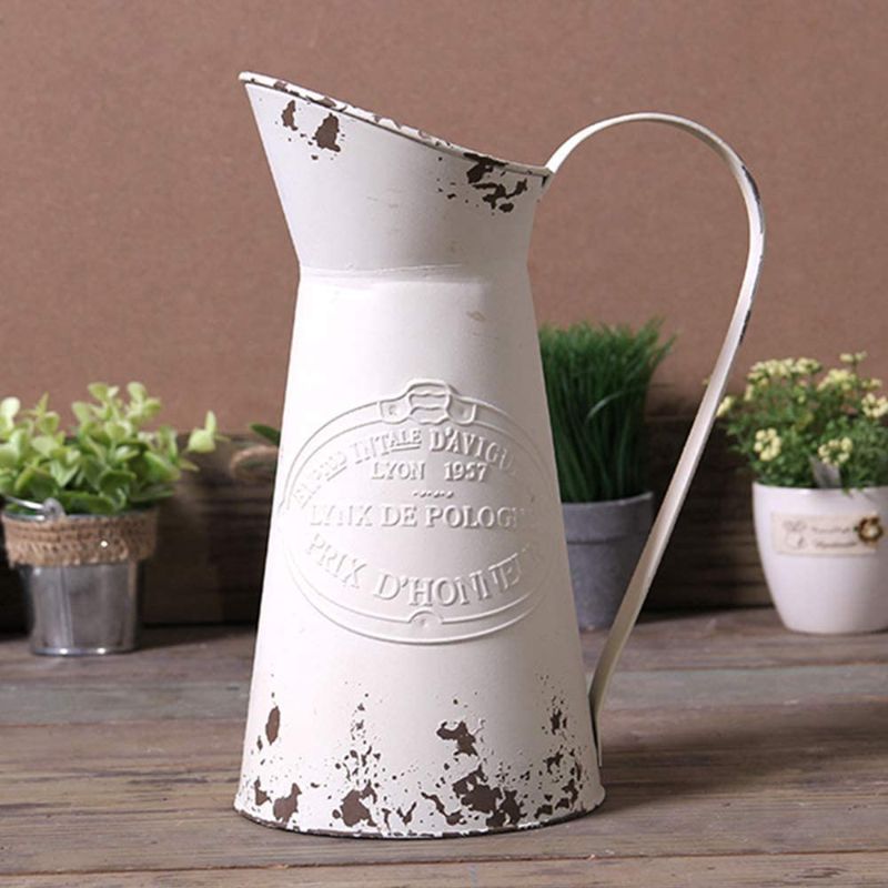 Photo 1 of Yoillione Metal Flower Vase, Rustic Jug Flower Vase Vintage, Shabby Chic Vase for Home Decor, French Country Style Vase, White