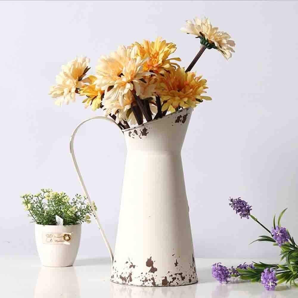 Photo 2 of Yoillione Metal Flower Vase, Rustic Jug Flower Vase Vintage, Shabby Chic Vase for Home Decor, French Country Style Vase, White
