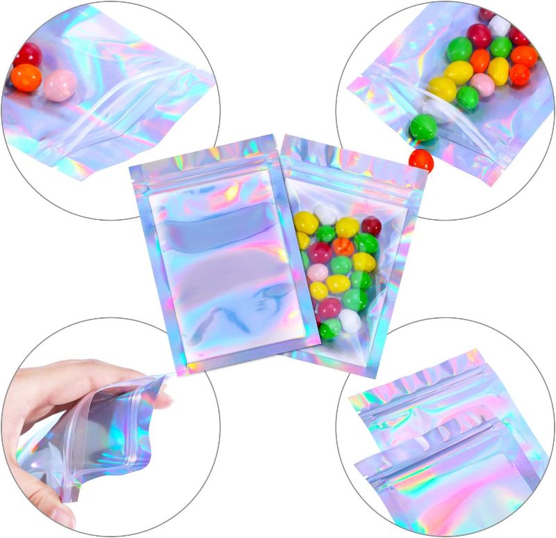 Photo 2 of 100 Pieces Bags Holographic Packaging Bags Storage Bag for Food Storage (Holographic Color, 5.5 x 7.8 Inches)