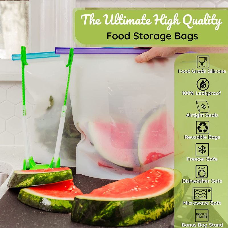 Photo 2 of WeeSprout Silicone Reusable Food Storage Bags - Leakproof & Airtight Freezer Bags (Two 16 Cup Bags), Freezer & Microwave Friendly, Freeze Leftovers, Marinate Meat, Store Dry Goods, Bonus Bag Stand