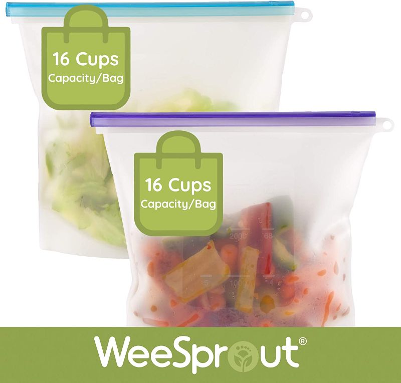 Photo 3 of WeeSprout Silicone Reusable Food Storage Bags - Leakproof & Airtight Freezer Bags (Two 16 Cup Bags), Freezer & Microwave Friendly, Freeze Leftovers, Marinate Meat, Store Dry Goods, Bonus Bag Stand