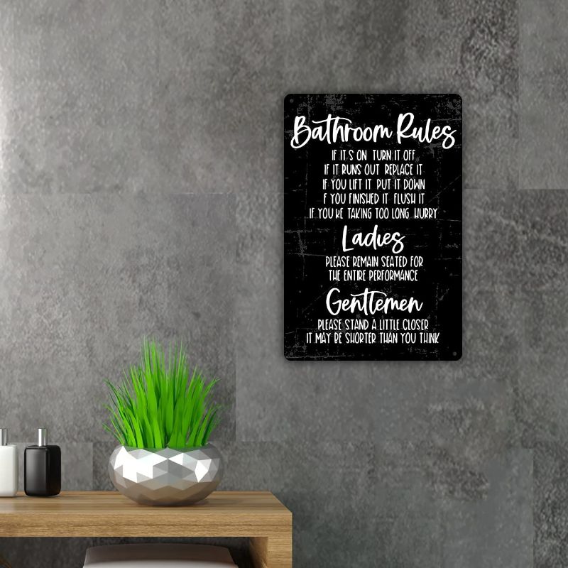 Photo 2 of QIONGQI Funny Bathroom Quote Metal Tin Sign Wall Decor, Vintage Bathroom Rules Sign for Home Decor Gifts(Black) 9 x 13