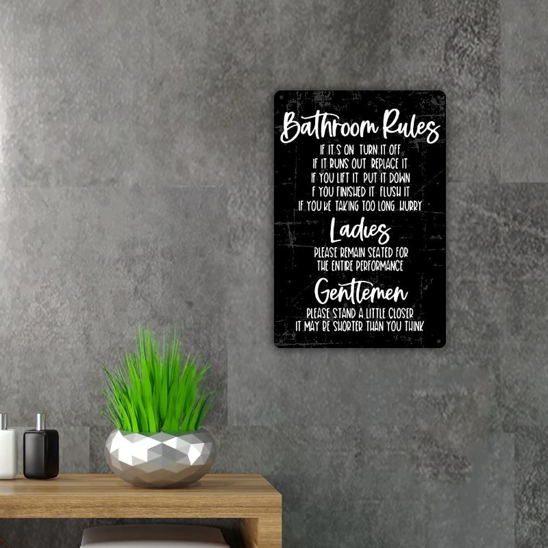 Photo 1 of QIONGQI Funny Bathroom Quote Metal Tin Sign Wall Decor, Vintage Bathroom Rules Sign for Home Decor Gifts(Black) 9 x 13