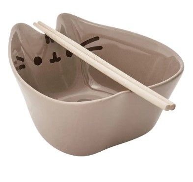 Photo 1 of PUSHEEN SHAPED STONEWARE BOWL WITH CHOPSTICKS 3.5 in H x 6 in W x 6.5 in L
