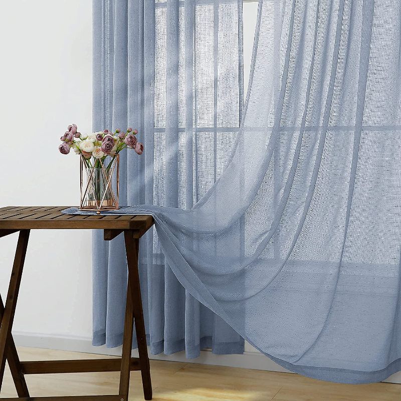 Photo 3 of KOUFALL Dusty Blue Semi Sheer Curtains 84 Inch Length for Living Room Set 2 Panels Rod Pocket Window Coverings Faux Linen Drapes Textured Dusty Blue Curtains for Bedroom Decor 52x84 Long Grey Dusty Blue