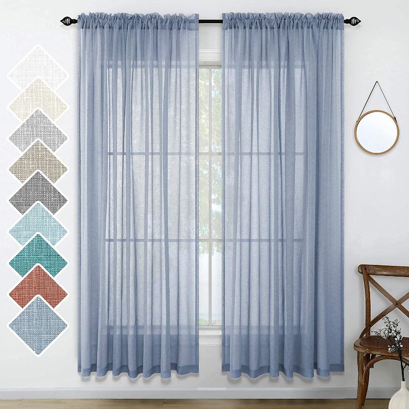 Photo 1 of KOUFALL Dusty Blue Semi Sheer Curtains 84 Inch Length for Living Room Set 2 Panels Rod Pocket Window Coverings Faux Linen Drapes Textured Dusty Blue Curtains for Bedroom Decor 52x84 Long Grey Dusty Blue