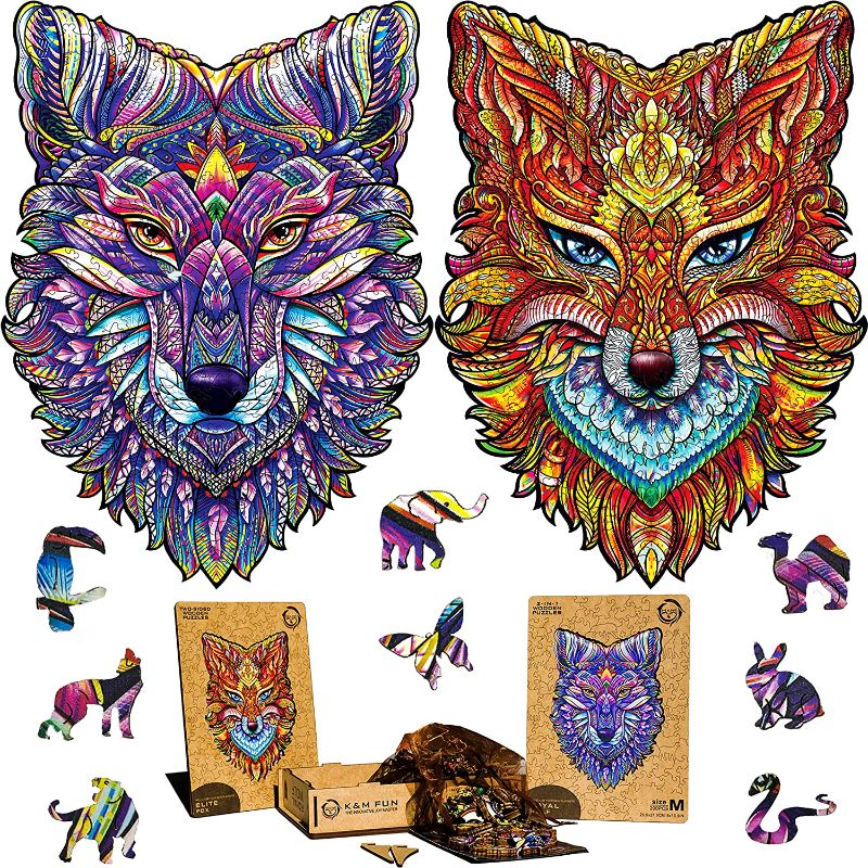 Photo 1 of K&M FUN Double Sided Wooden Jigsaw Puzzle For Adults 200 Pcs - Royal Wolf/ Elite Fox - 8 x 10.9 in - Unique Animal Shaped Pieces - Best Gift in a Beautiful Box - Family Game Play
