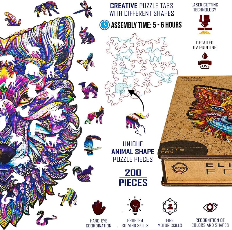 Photo 2 of K&M FUN Double Sided Wooden Jigsaw Puzzle For Adults 200 Pcs - Royal Wolf/ Elite Fox - 8 x 10.9 in - Unique Animal Shaped Pieces - Best Gift in a Beautiful Box - Family Game Play
